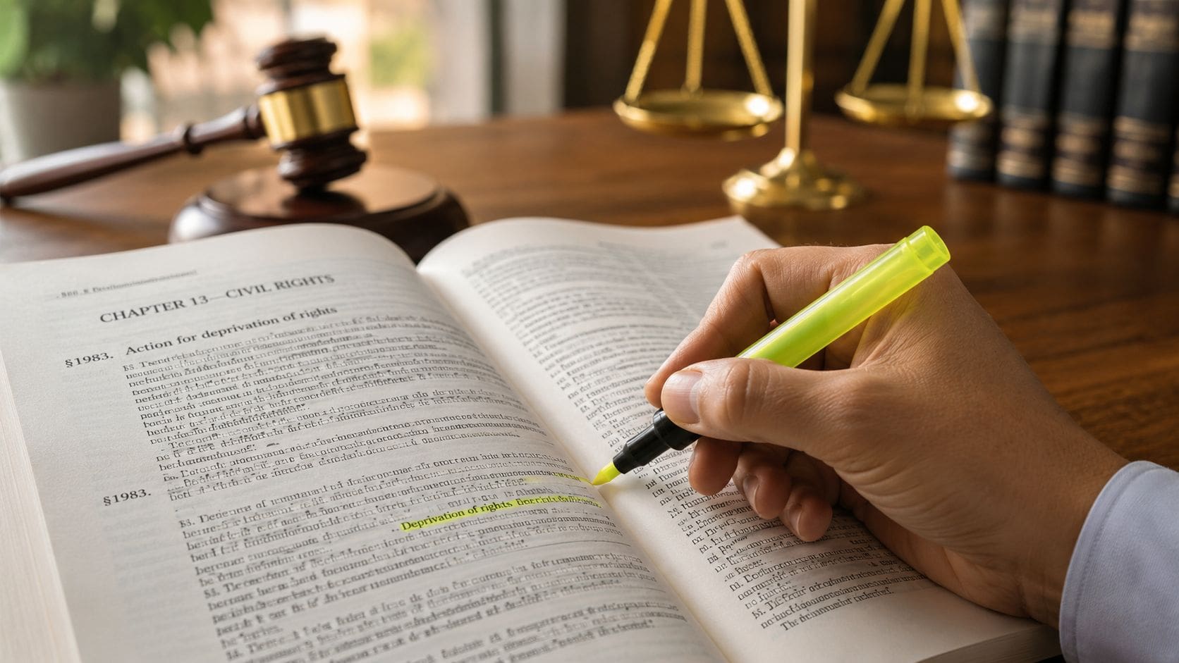 A person highlights text about the deprivation of rights in a law book with a yellow marker.