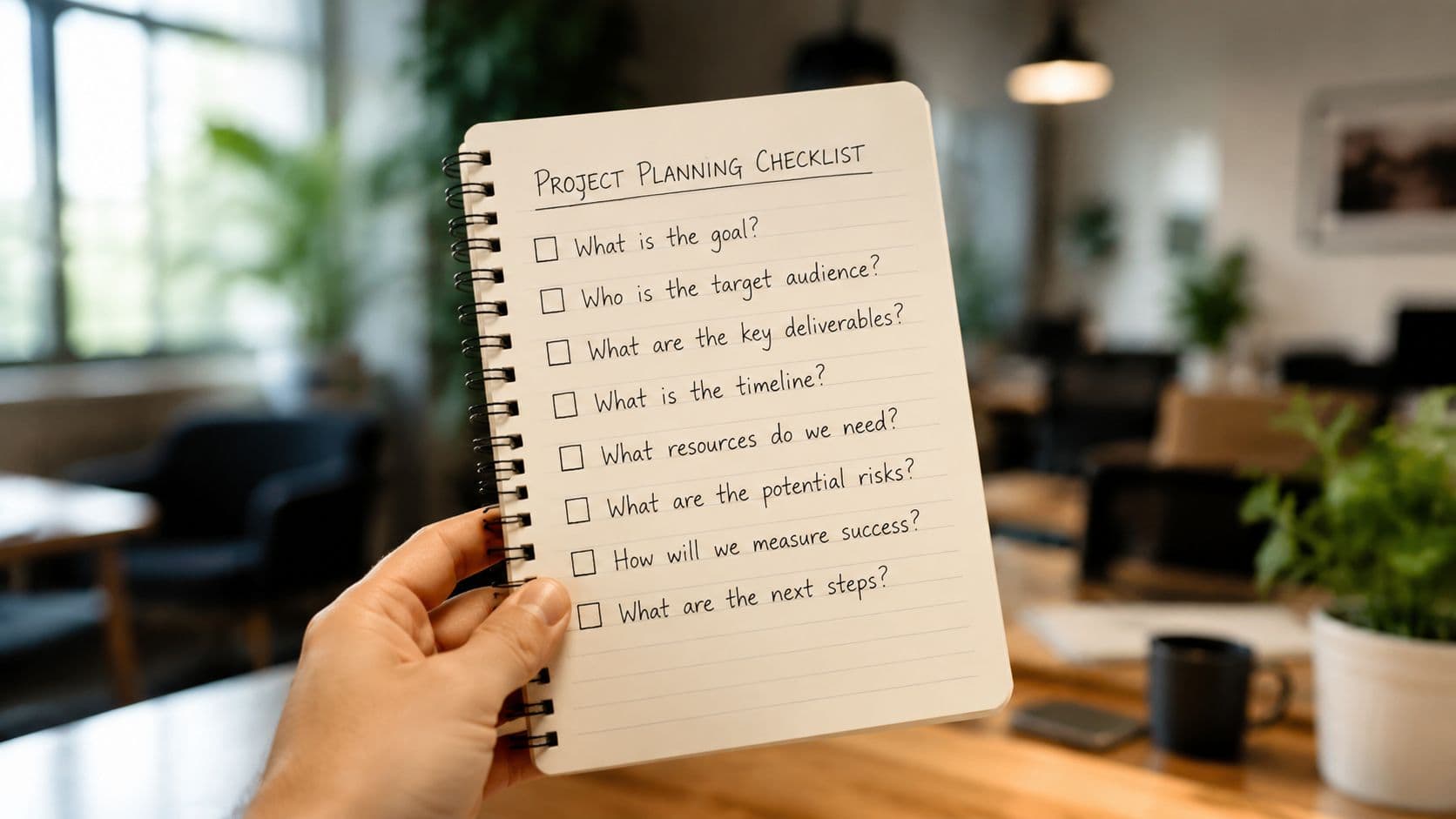 A person holding a notebook with a written project planning checklist in a blurred office setting.
