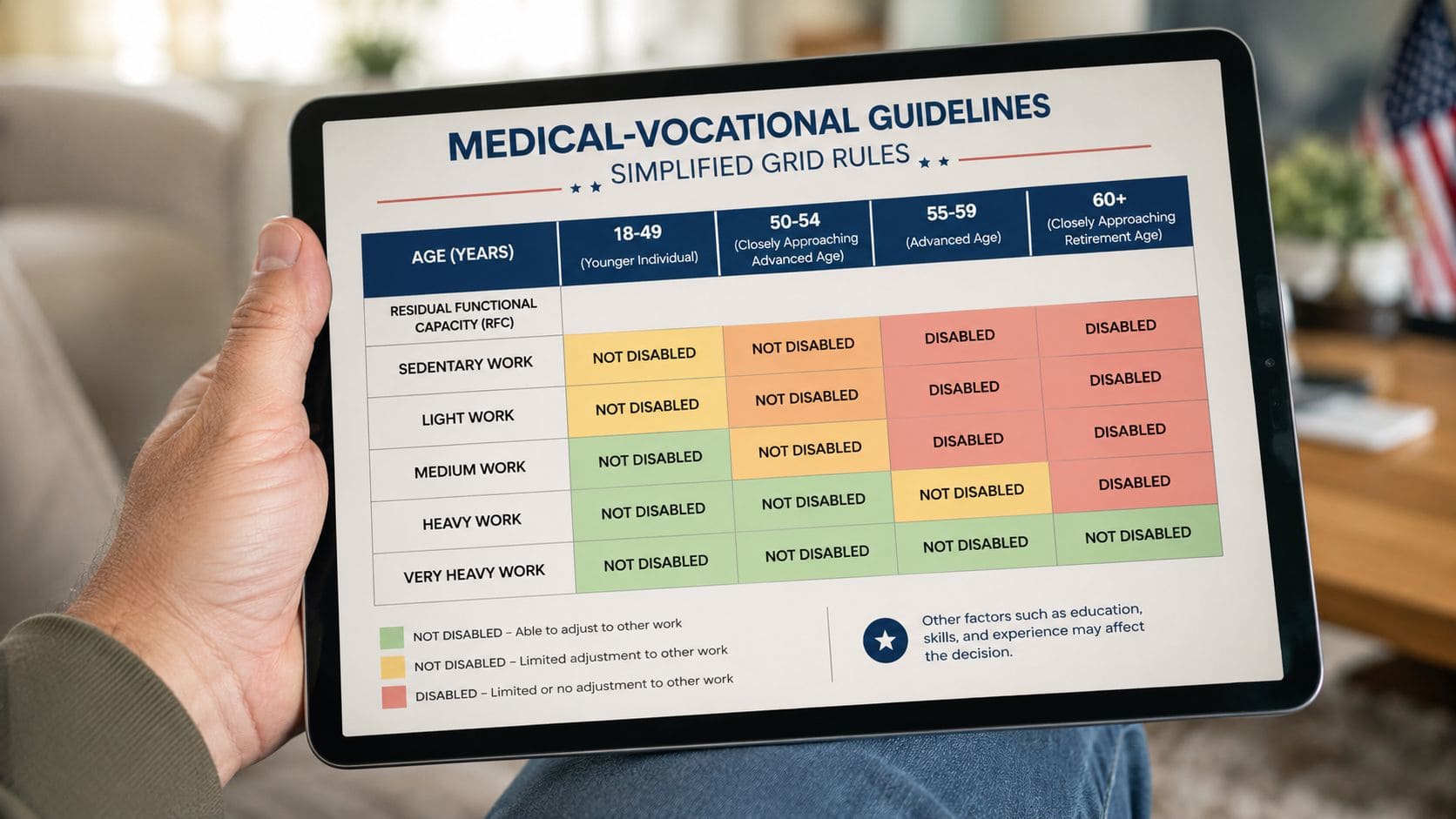 A digital tablet displaying a medical-vocational guideline grid for determining disability status based on age and work capacity.