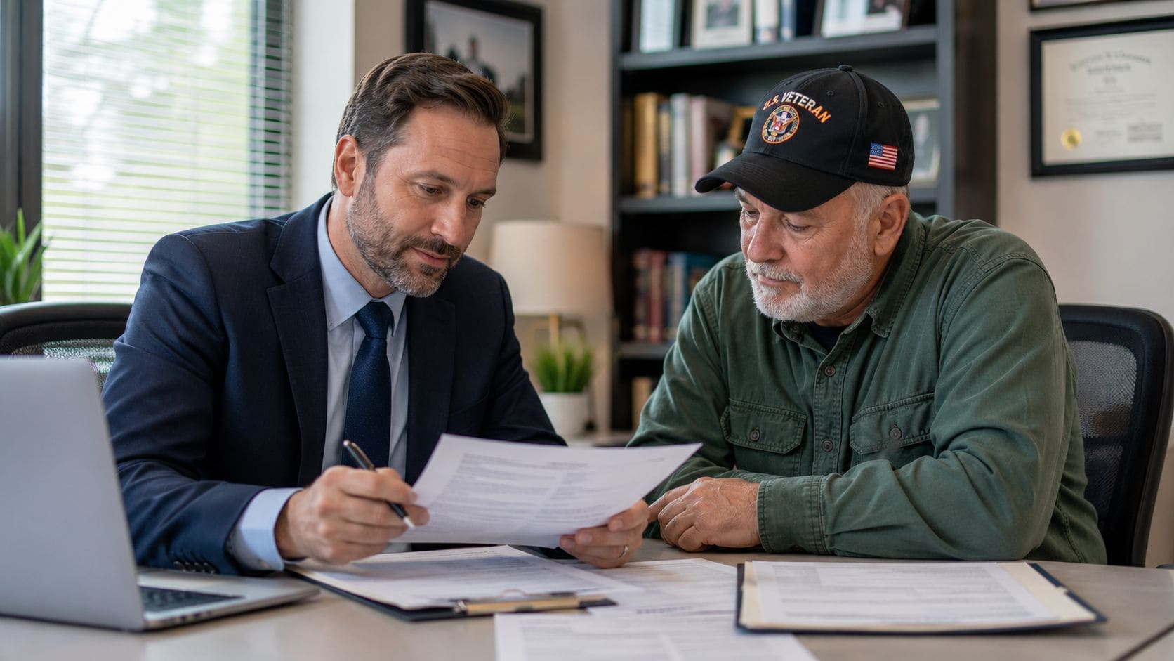 A professional lawyer discussing paperwork and SSDI benefits with an elderly U.S. veteran in an office.