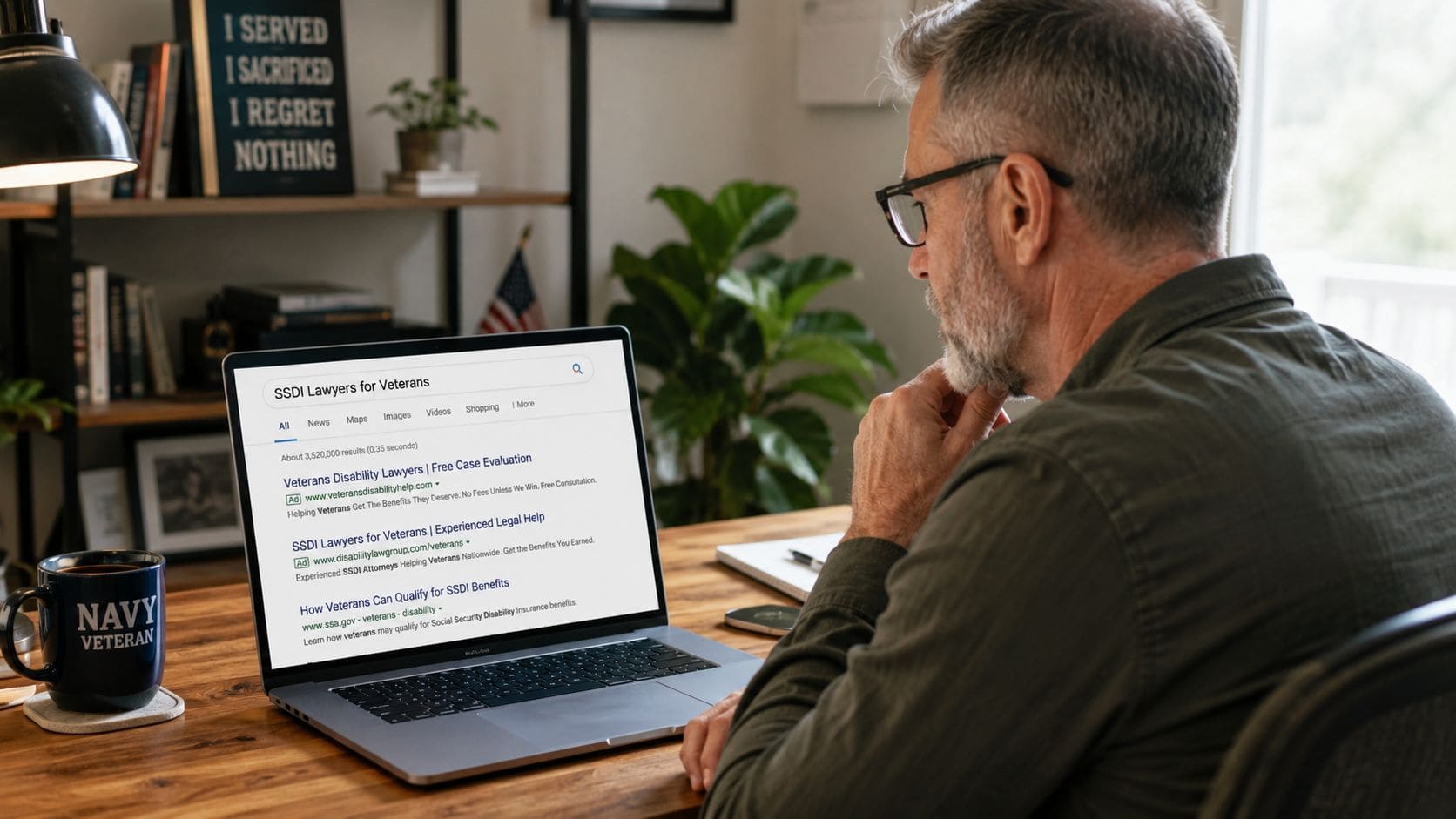 A veteran in glasses sits at a wooden desk viewing SSDI lawyer search results on a laptop.