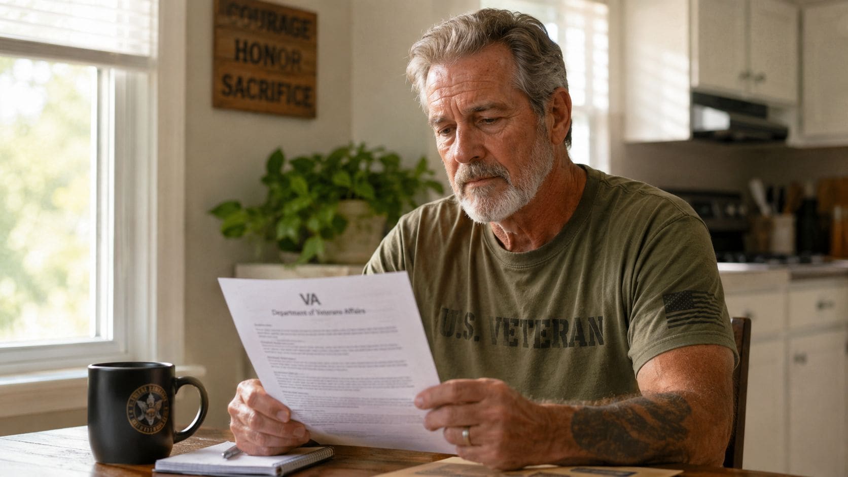 An older veteran with a beard reads a Department of Veterans Affairs document in his home kitchen.