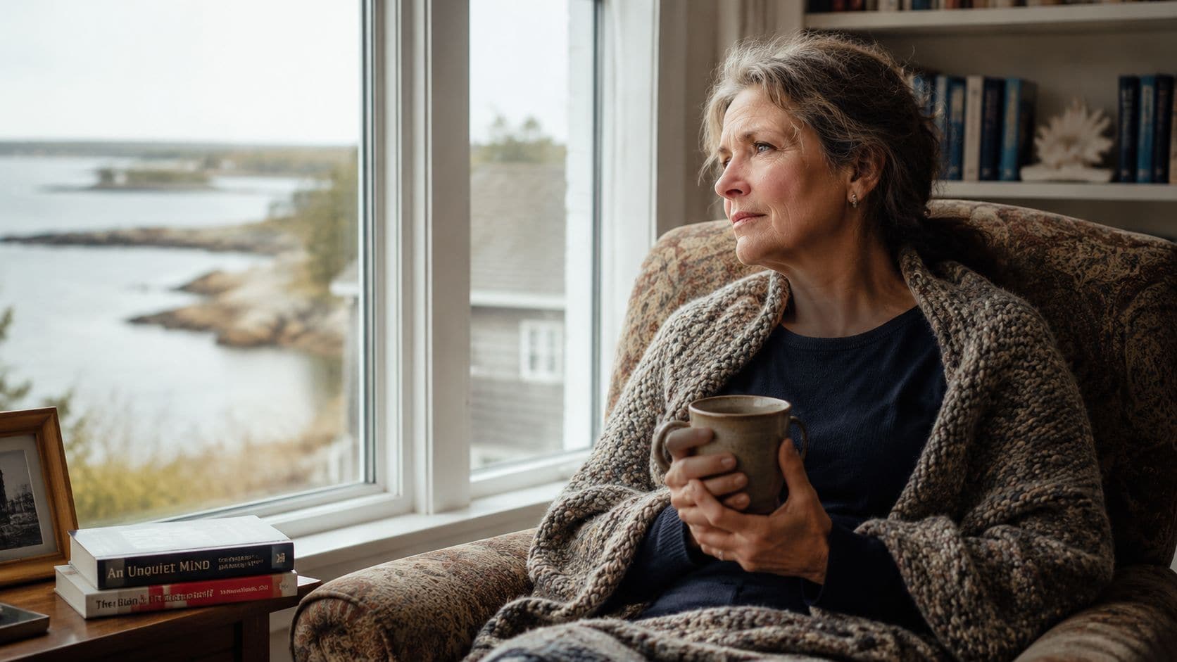 A contemplative older woman with a blanket sitting by a coastal window holding a warm mug.