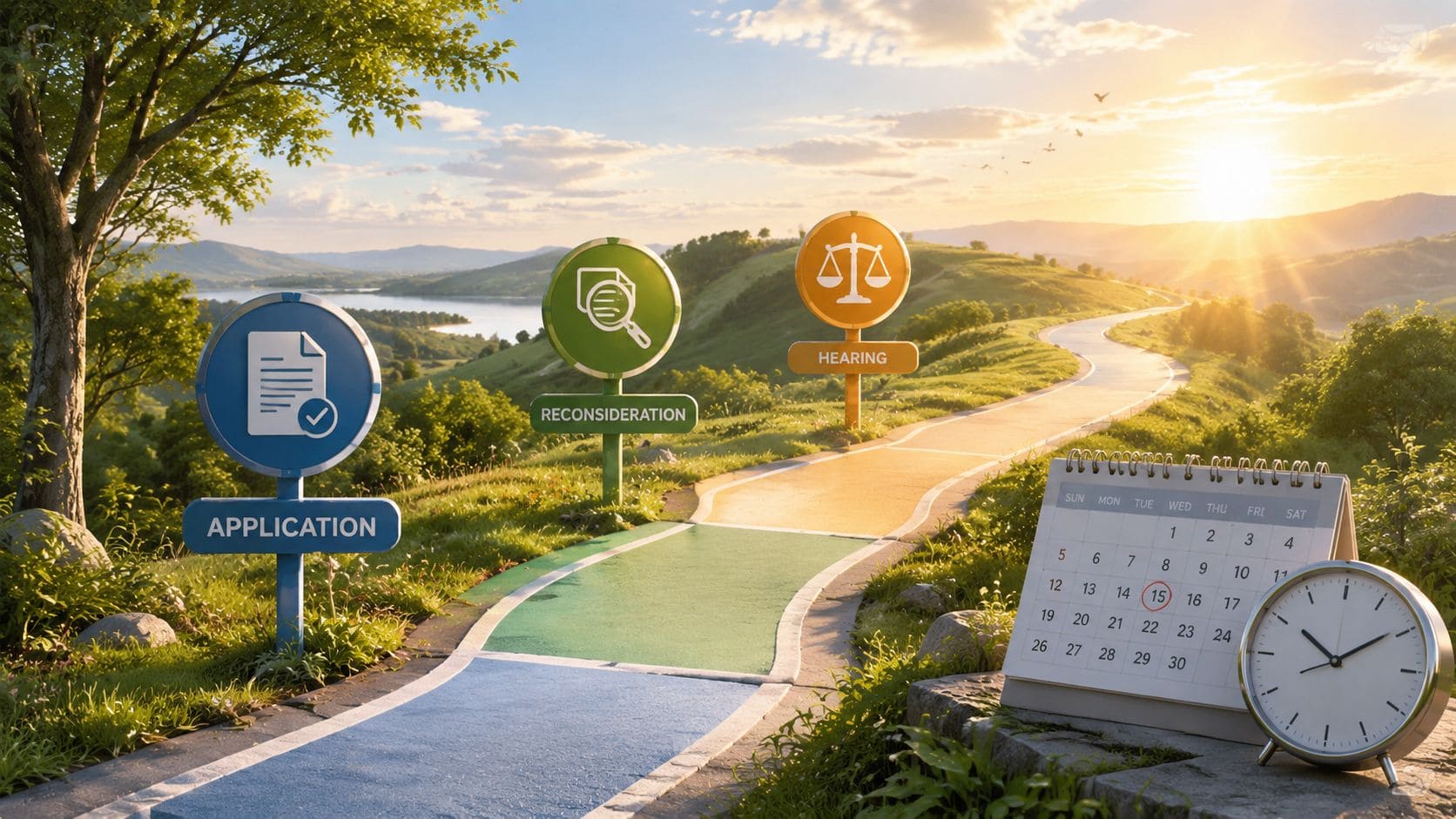 A scenic path illustrating the stages of the social security disability claims process, from application to hearing.