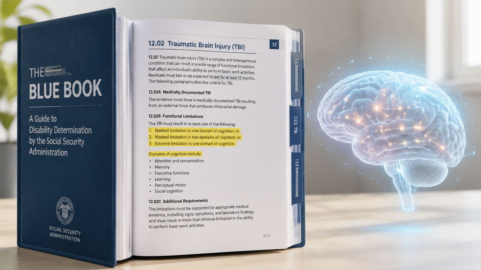 Open Blue Book manual for Social Security disability, showing 12.02 Traumatic Brain Injury requirements with a glowing brain model.