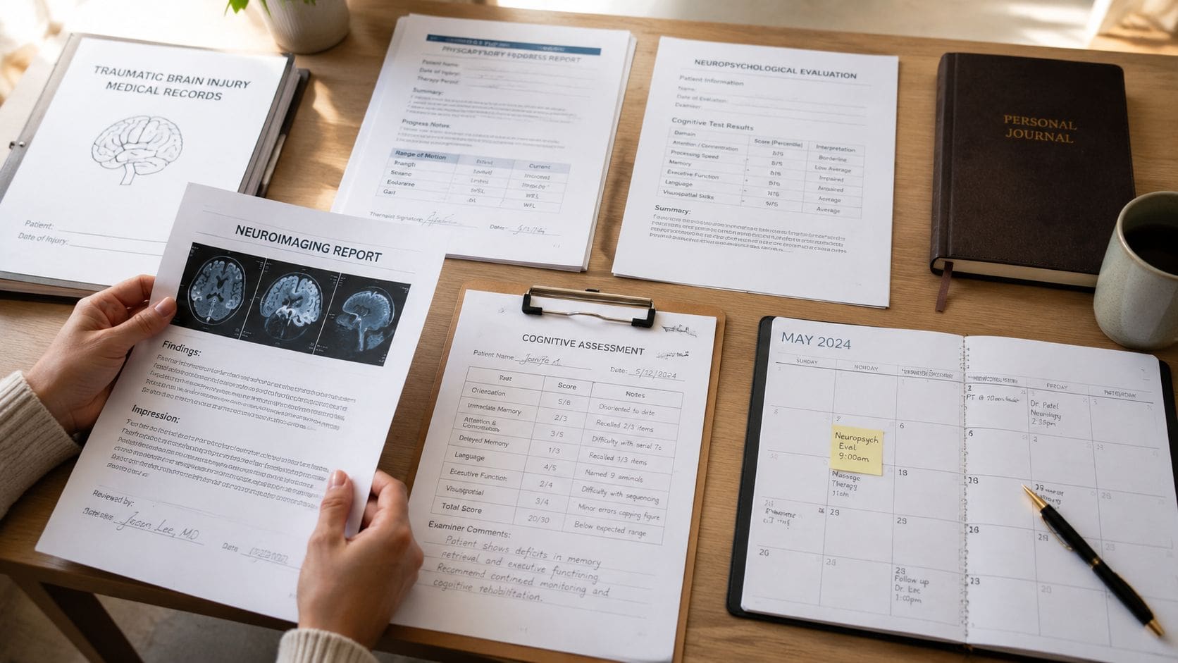 A person reviews medical documents related to a traumatic brain injury and cognitive assessment on a desk.
