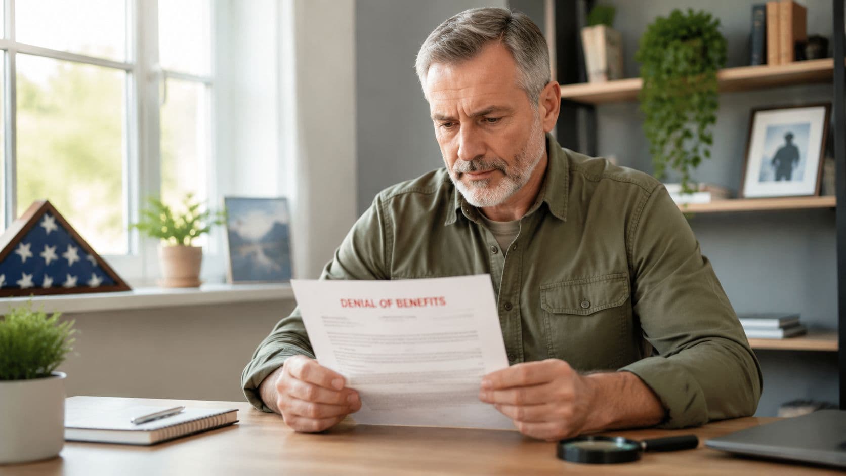 A middle-aged man with a gray beard looking distressed while reading a document titled Denial of Benefits.