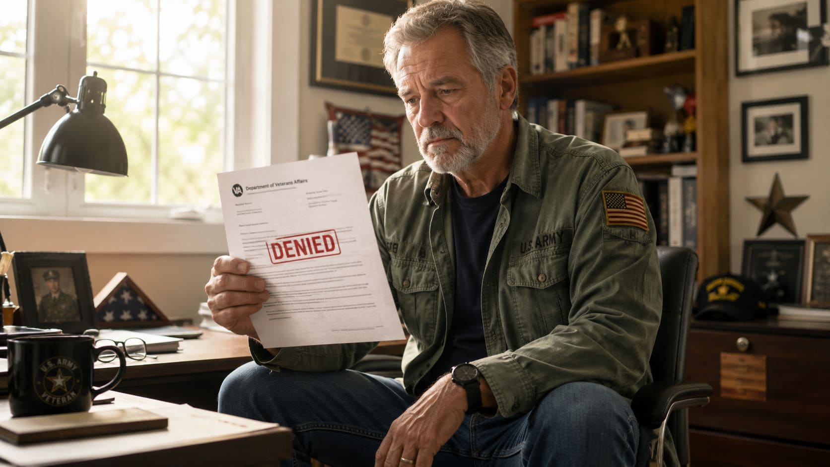A concerned older veteran sits at a desk reading a denied Department of Veterans Affairs benefits document.