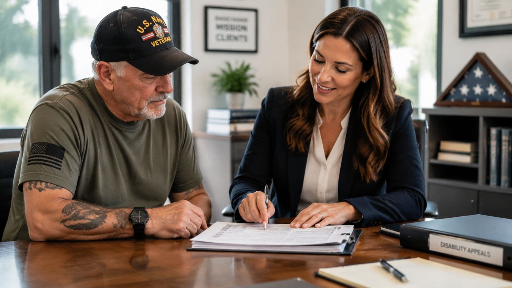 A professional attorney helping a U.S. Navy veteran review disability appeal paperwork in a modern office setting.