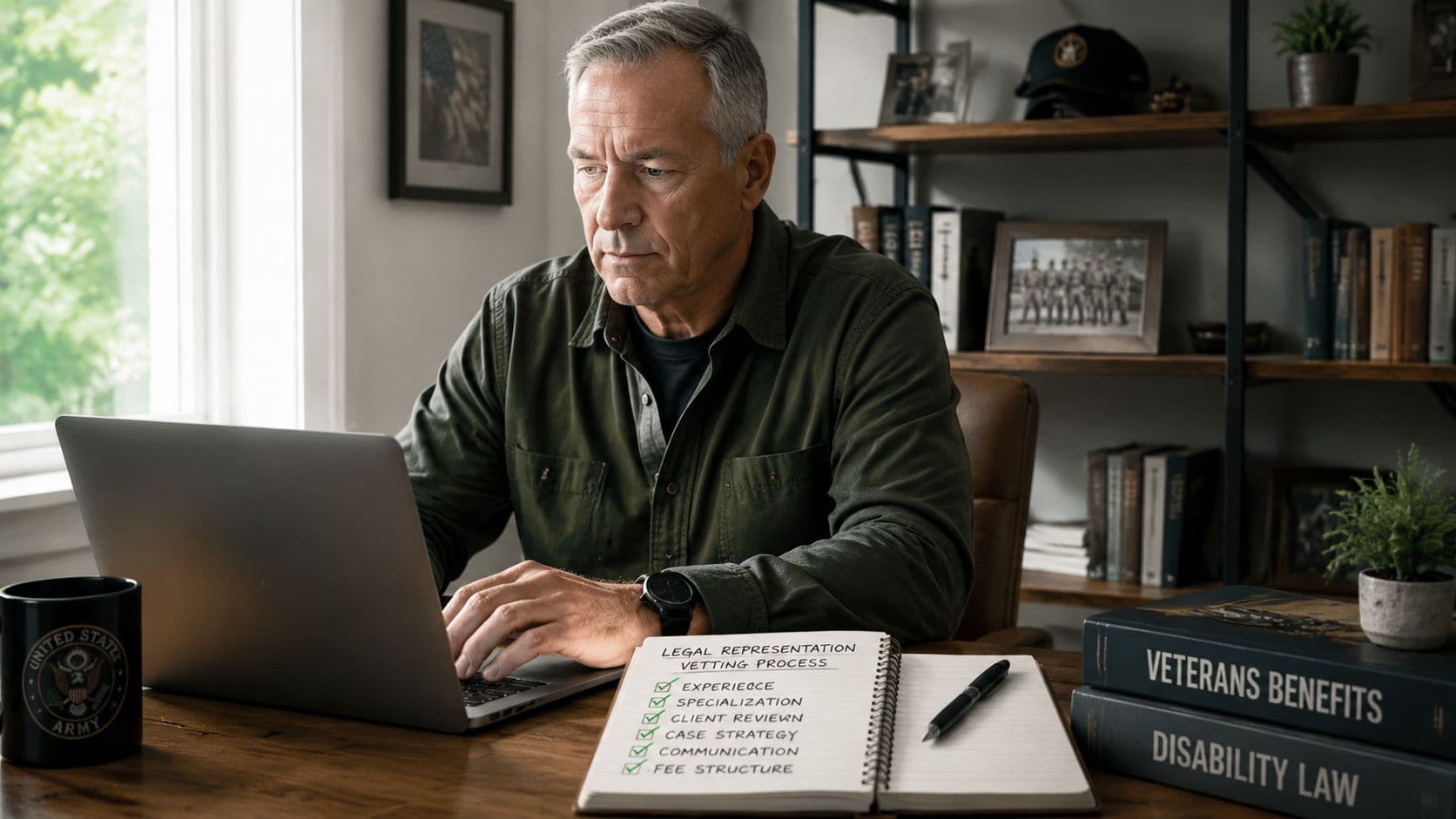 A veteran in a home office reviewing a legal representation vetting checklist on a laptop.