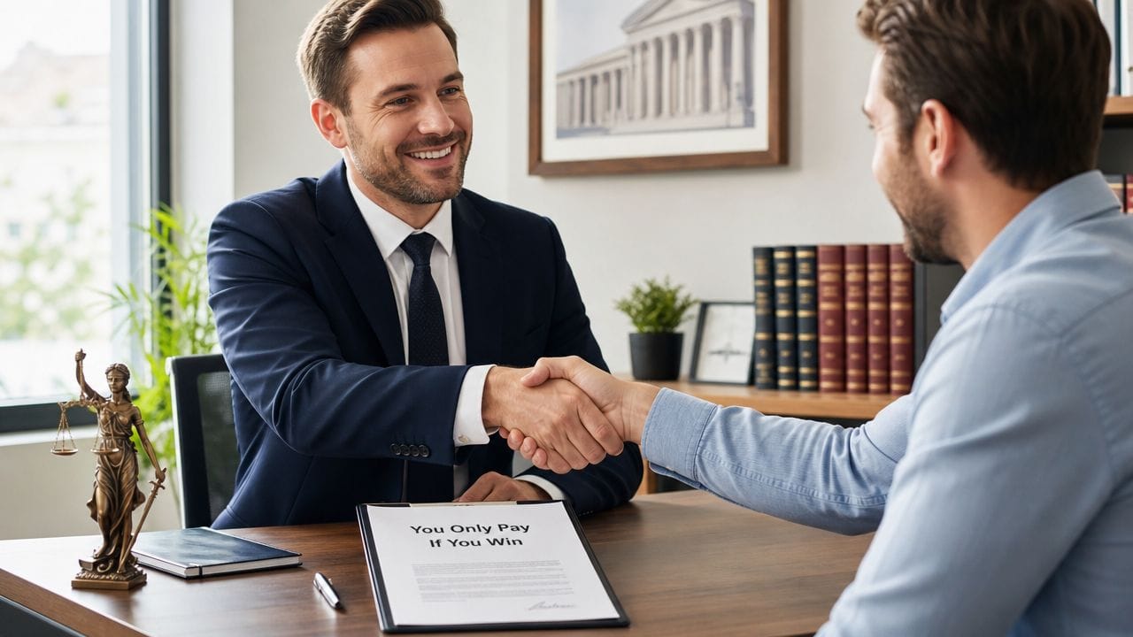 A professional lawyer shaking hands with a client across a desk in an office.
