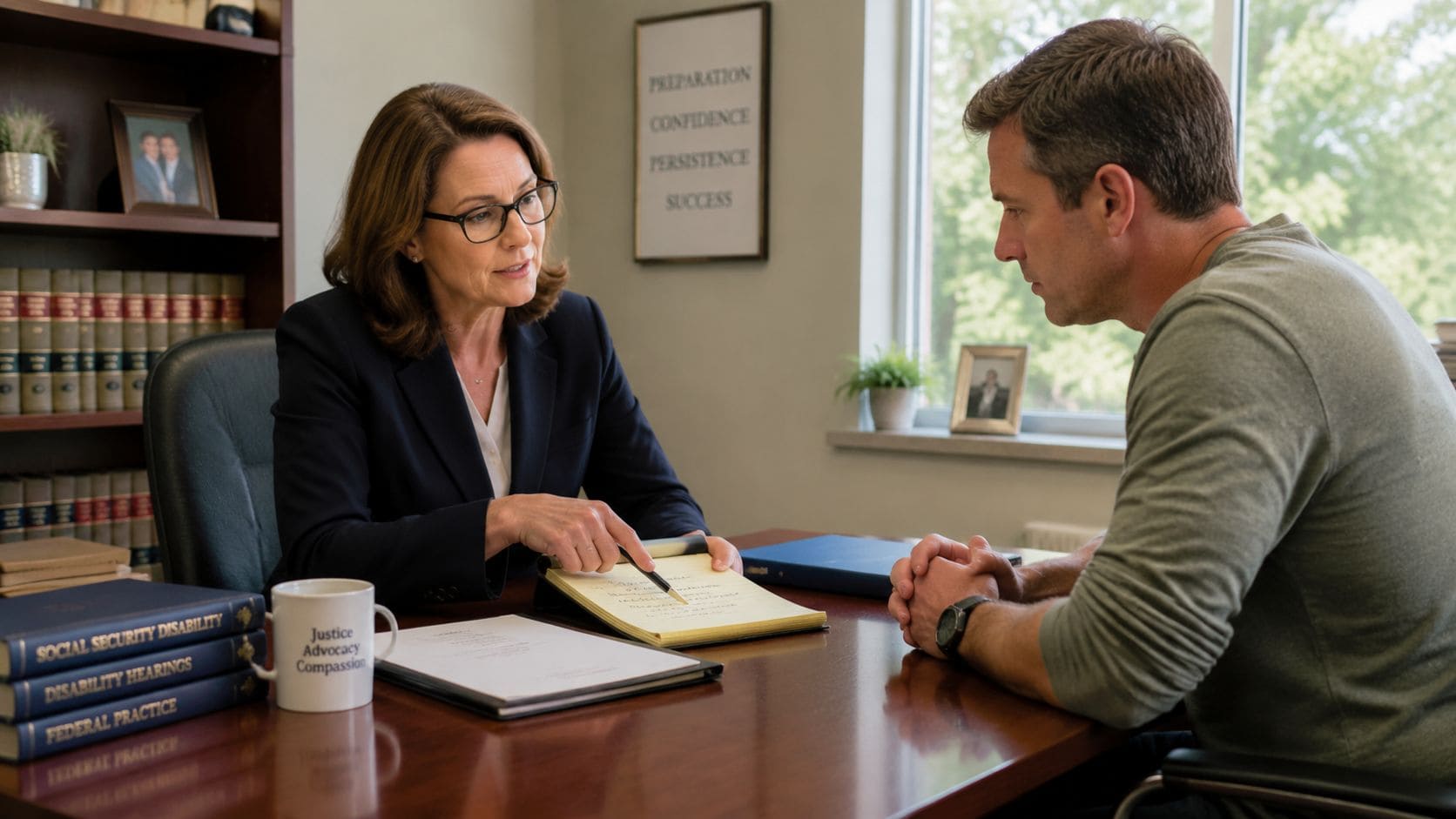 A female disability lawyer discusses case details with a male client in her professional law office.