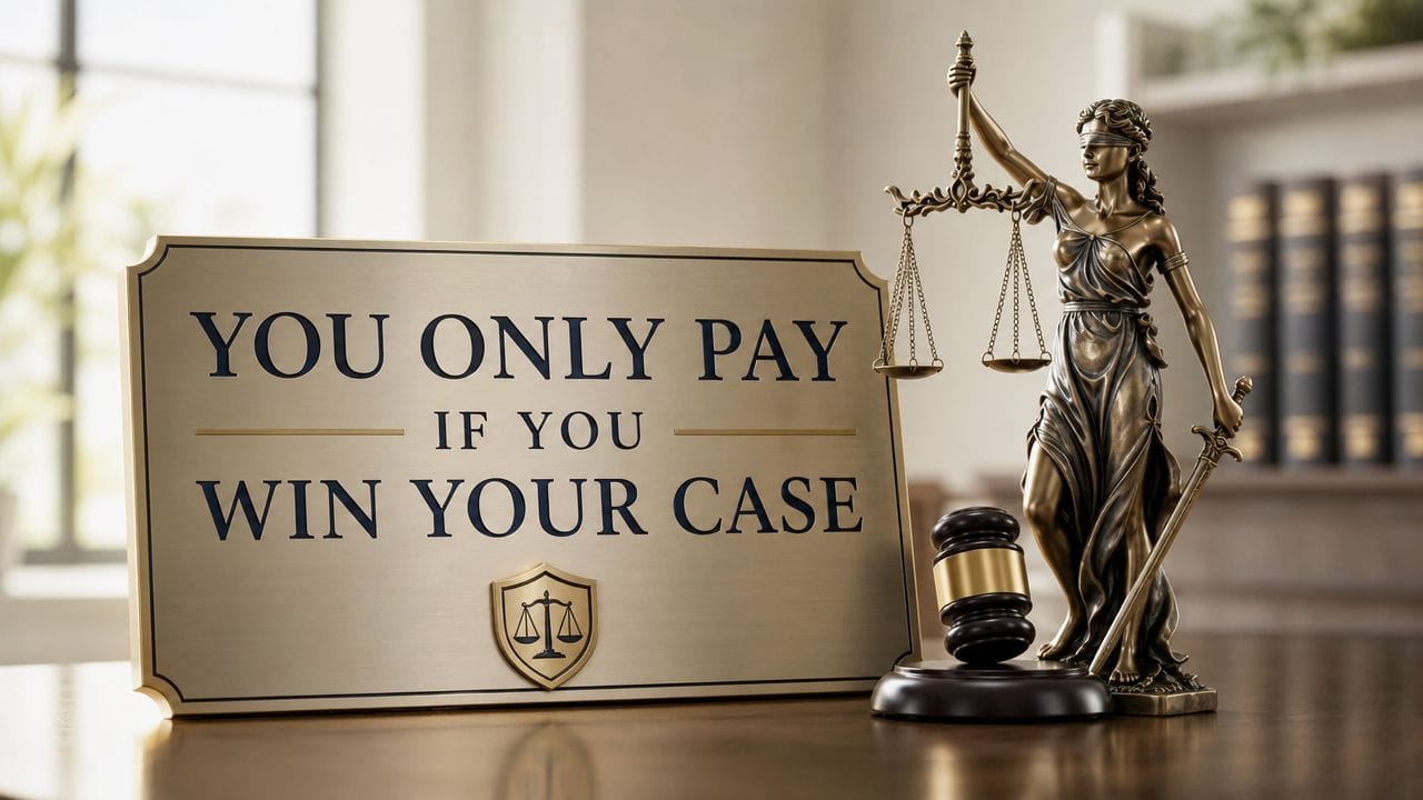 A sign on a wooden desk with a gavel and Lady Justice statue, stating legal fee policies.