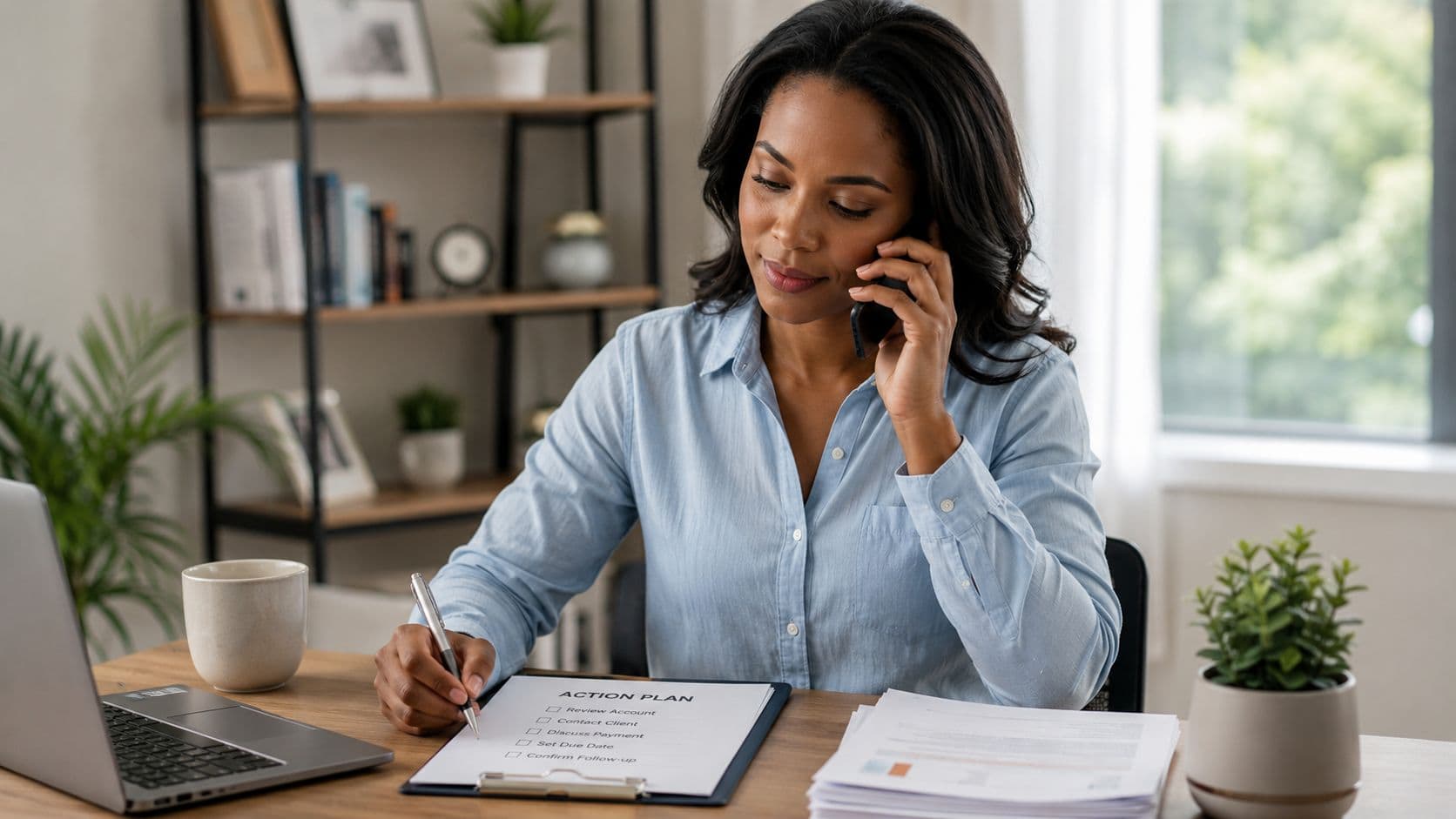 A professional woman in a light blue shirt talks on her phone while reviewing an action plan.