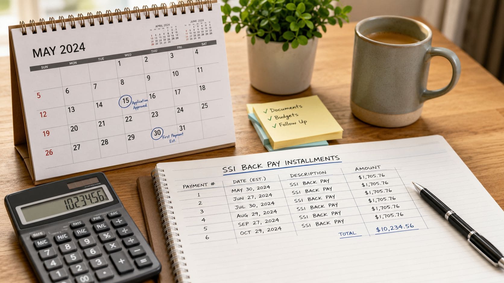 A calendar, calculator, and a notebook outlining SSI back pay installment payment dates and amounts.