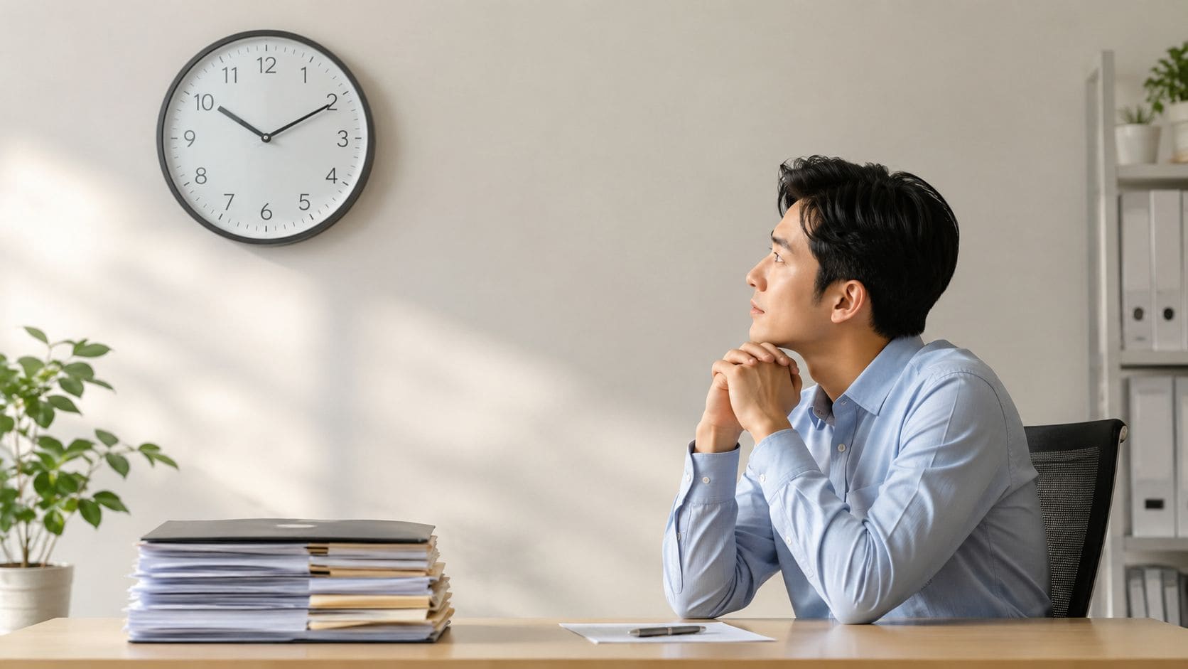 A pensive office worker looking at a wall clock while seated at a desk with paperwork.