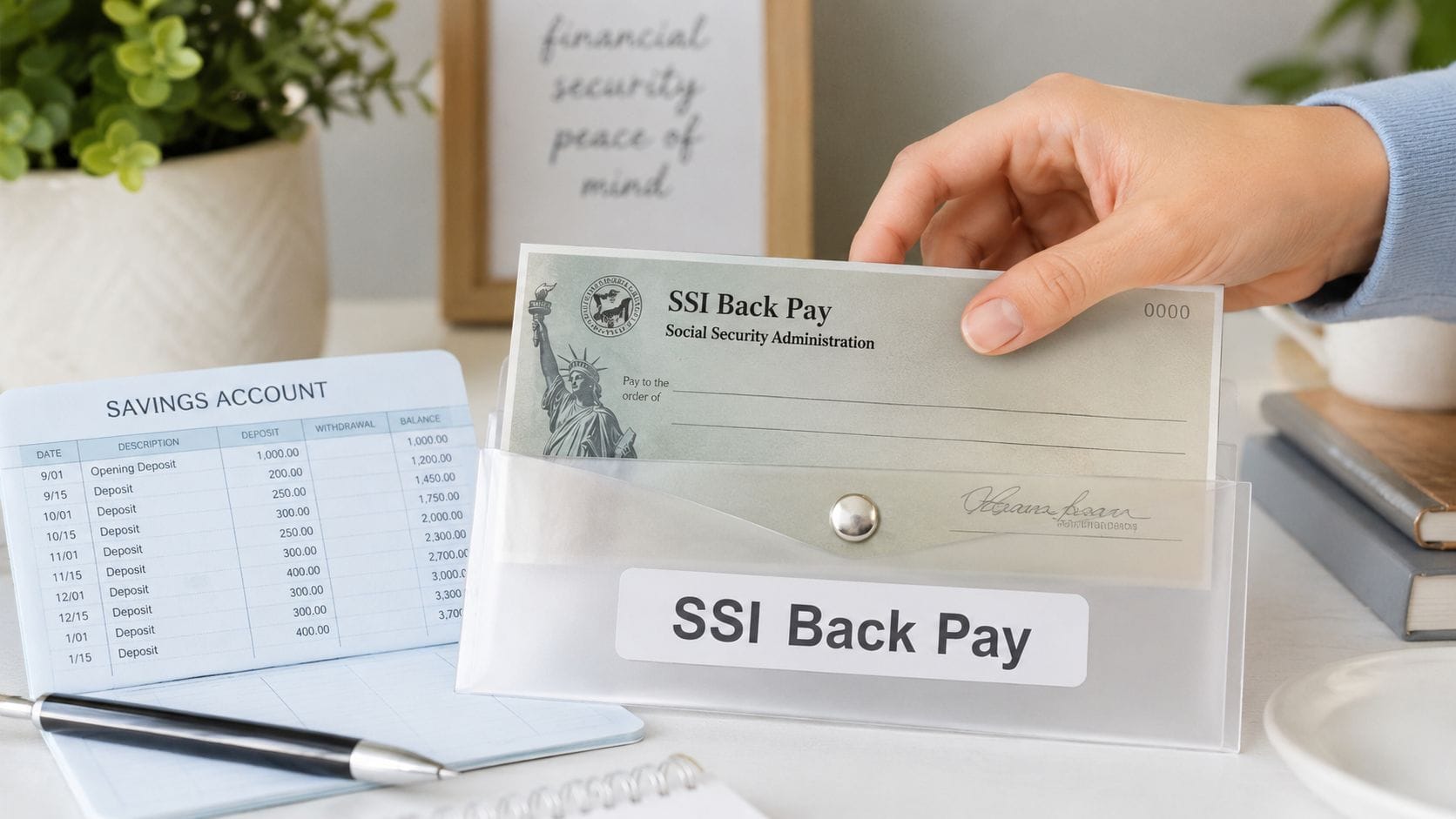 A hand placing a Social Security Administration back pay check into a labeled clear plastic folder.
