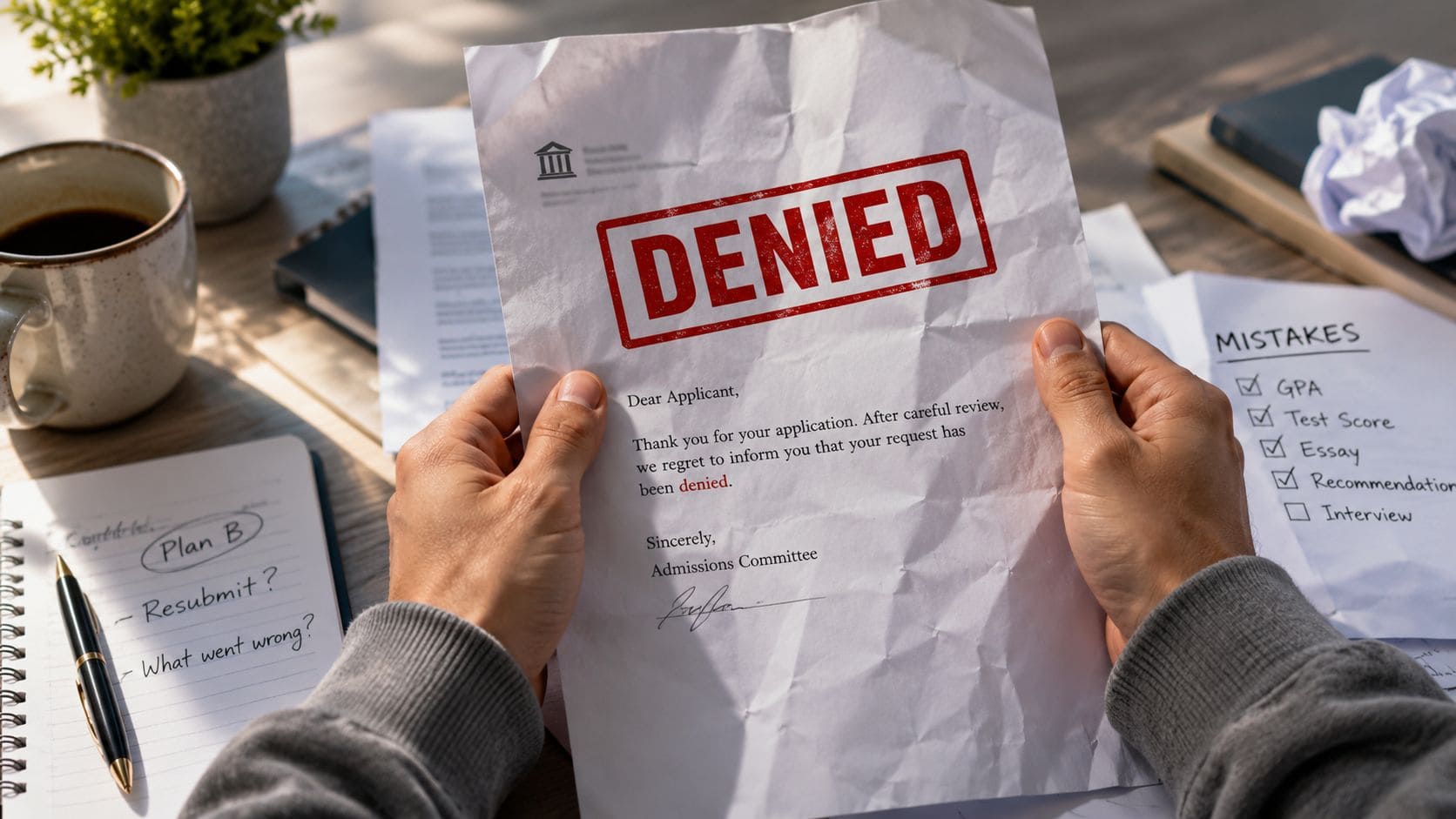 A person holding a crumbled rejection letter from a university admissions committee with notes on a desk.