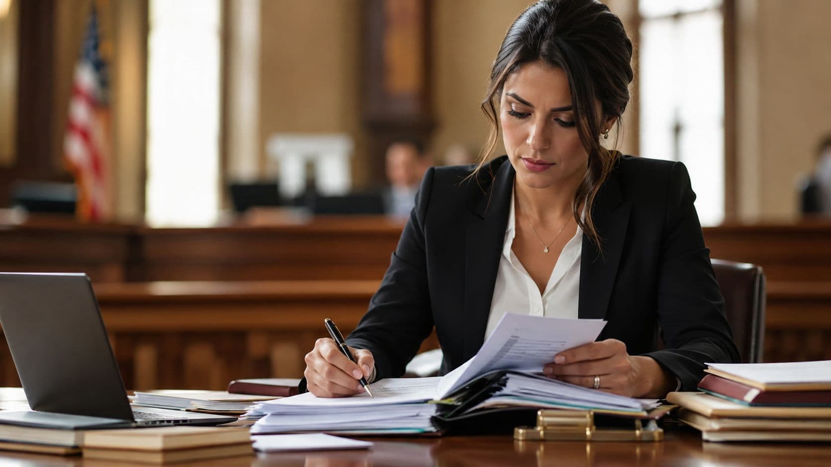 A professional female attorney in a courtroom reviewing legal documents at her desk with a laptop.