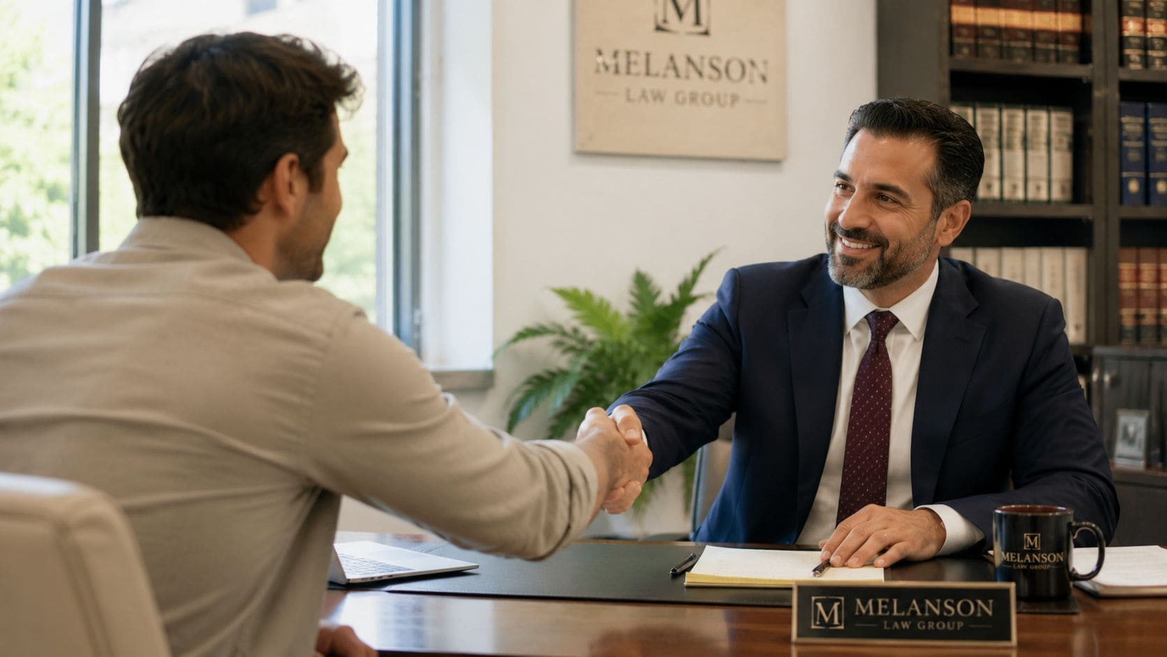 A professional lawyer in a suit shaking hands with a client across his desk in a law office.
