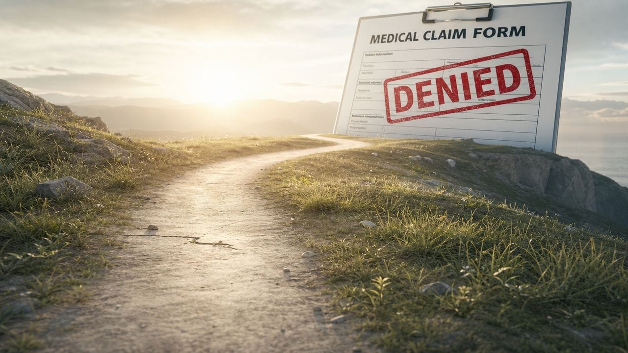 A long dirt path leading toward a large medical claim form marked with a red denied stamp.