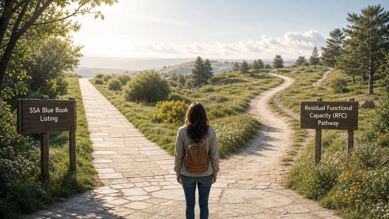 A hiker standing at a fork in a rural road with signs pointing to disability evaluation paths.