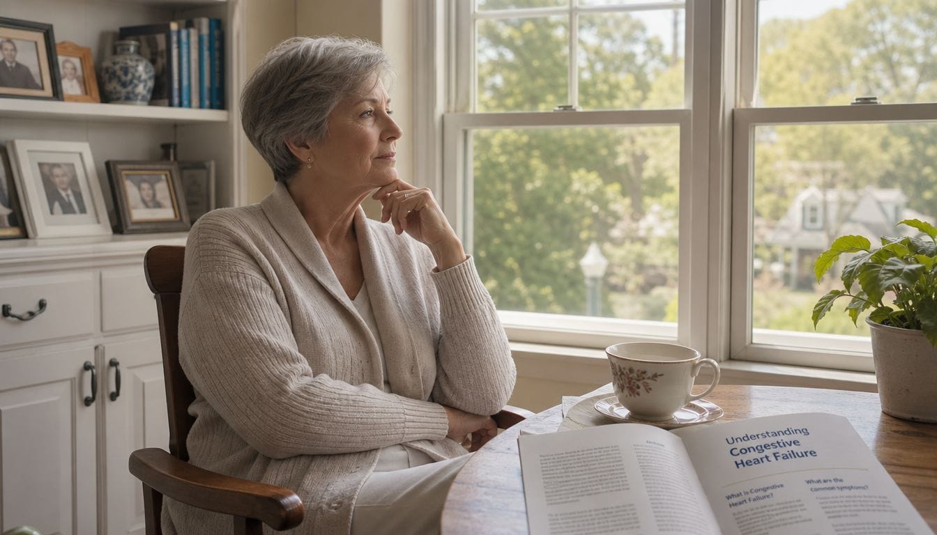 An elderly woman sits by a window, contemplating while reading a brochure about congestive heart failure.