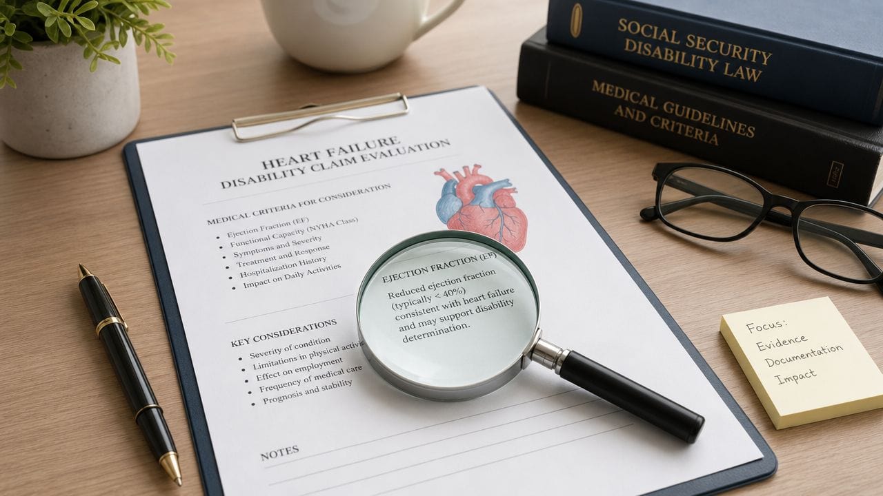 A clipboard with a Heart Failure Disability Claim Evaluation document resting on a wooden desk with books.