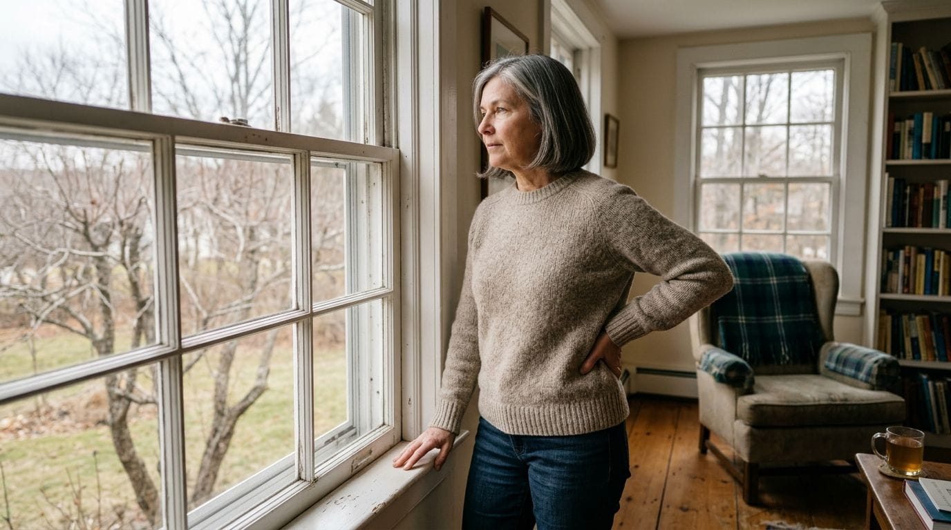 A contemplative woman with gray hair looking out of a window in a cozy, sunlit room.