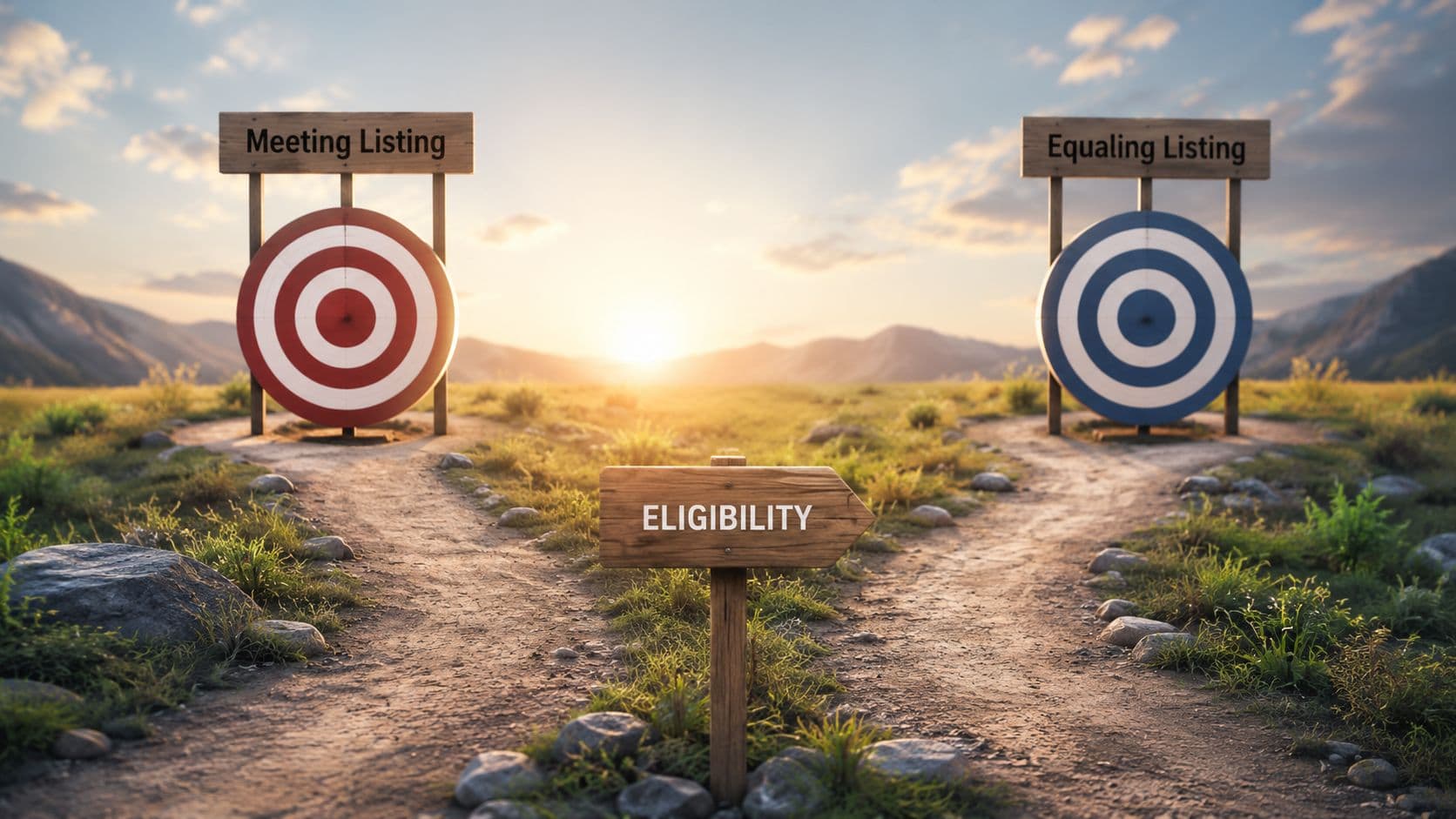 A fork in the road with a signpost reading eligibility, leading to red and blue targets representing listings.