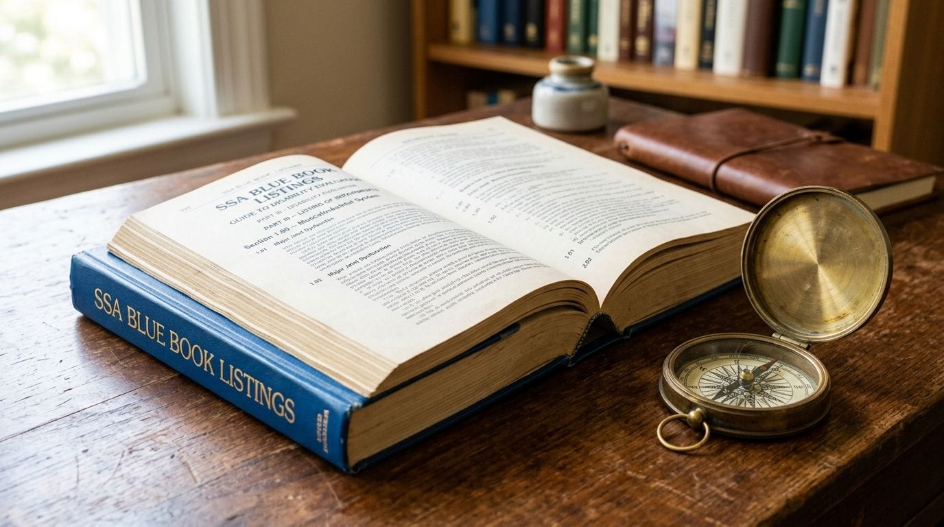 An open SSA Blue Book Listings medical reference manual sits on a wooden table beside a vintage compass.