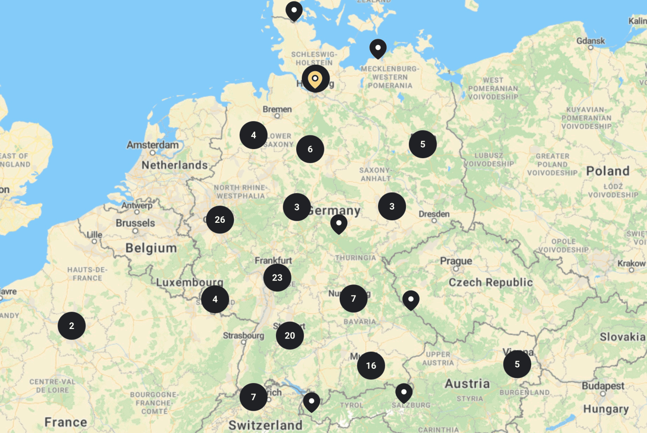 Karte mit Mitgliedern der Engineer Alliance in Deutschland, Österreich und der Schweiz
