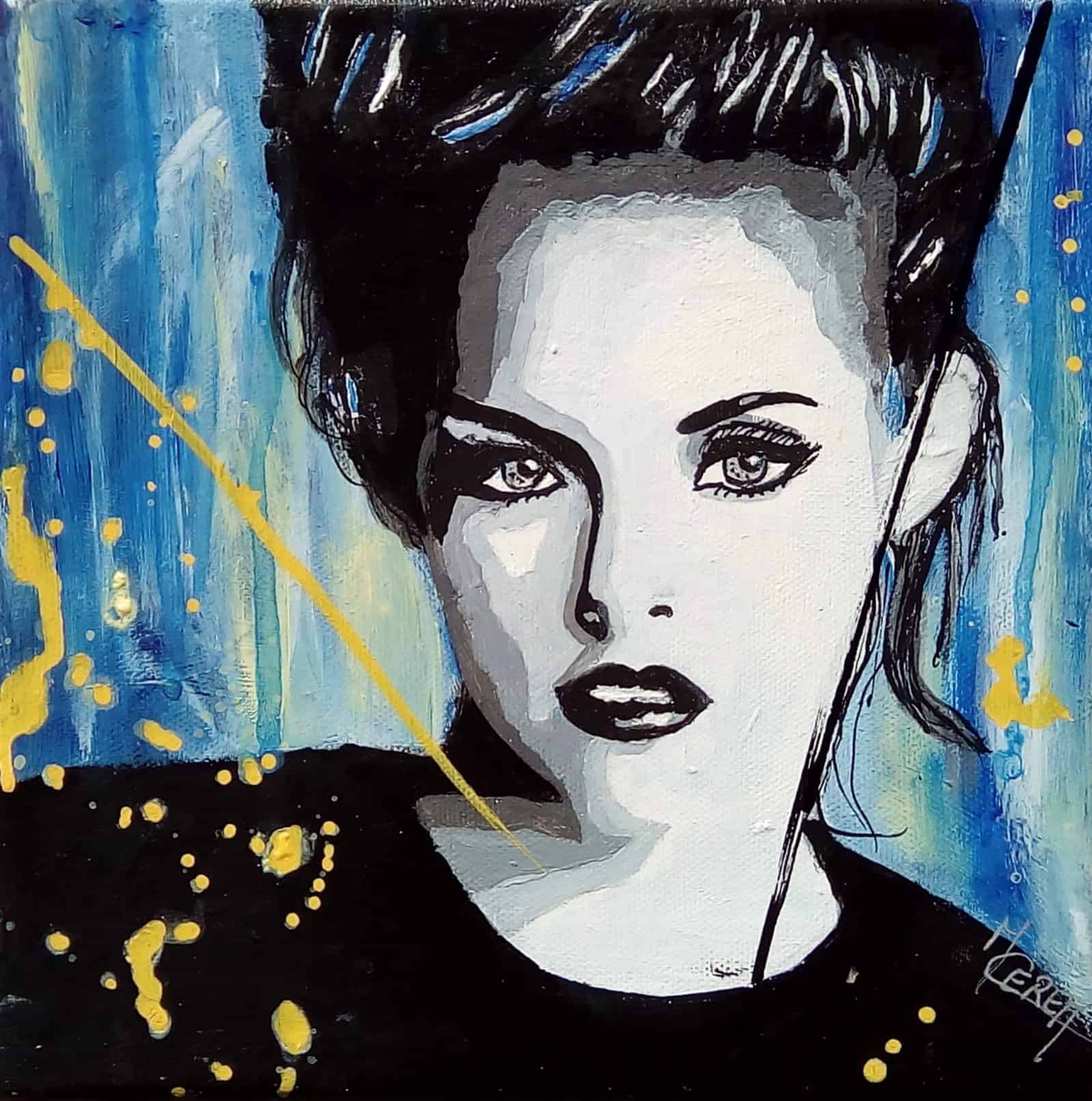 Peinture par Mireille Cerea portrait de femme noir et bleu