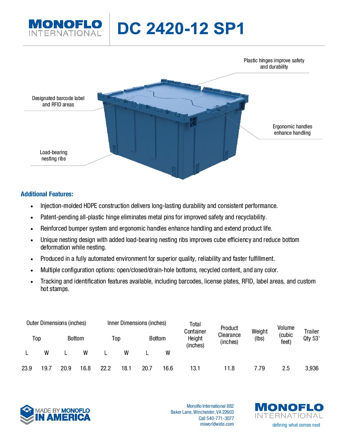 Attached Lid Tote DC-2420-12-SP1 Spec Sheet