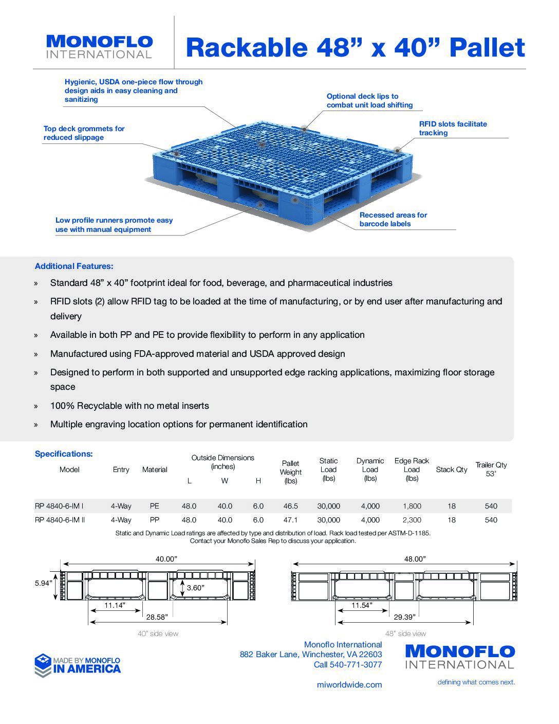 Rackable 48” x 40” Pallet Spec Sheet