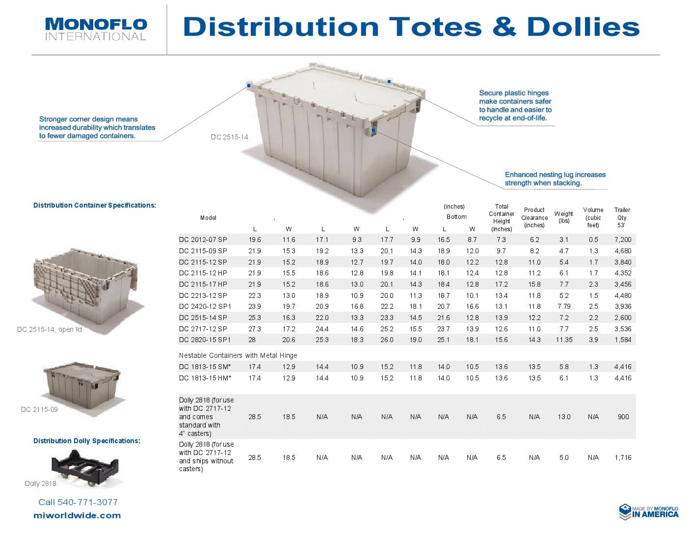 Attached-Lid Totes & Dollies Spec Sheet