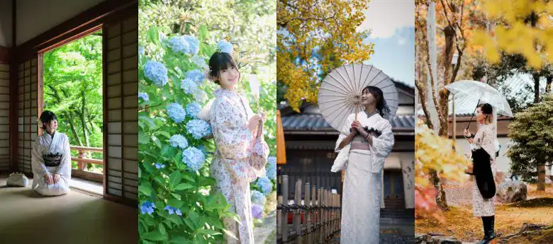 京都東山の風情ある産寧坂(三年坂)の石畳を背景に、MOCOMOCO清水寺店の淡色アンティーク着物と可愛いお揃いの巾着バッグを持って楽しそうに歩き食べ歩きをする女子高校生の修学旅行グループ写真