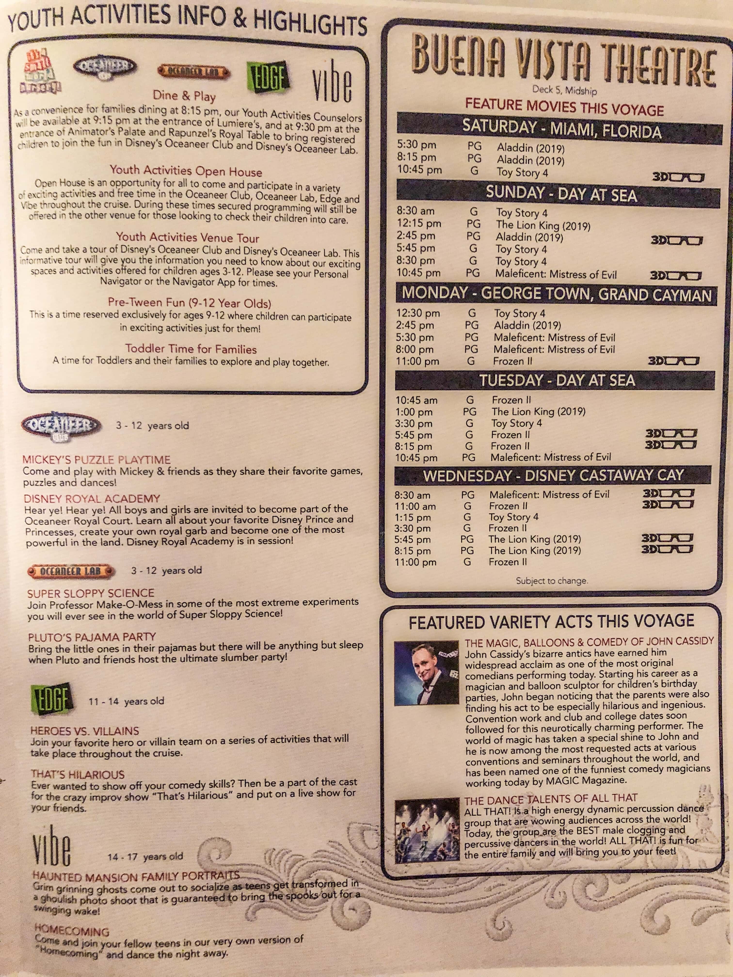Information on ship movies and kids' clubs