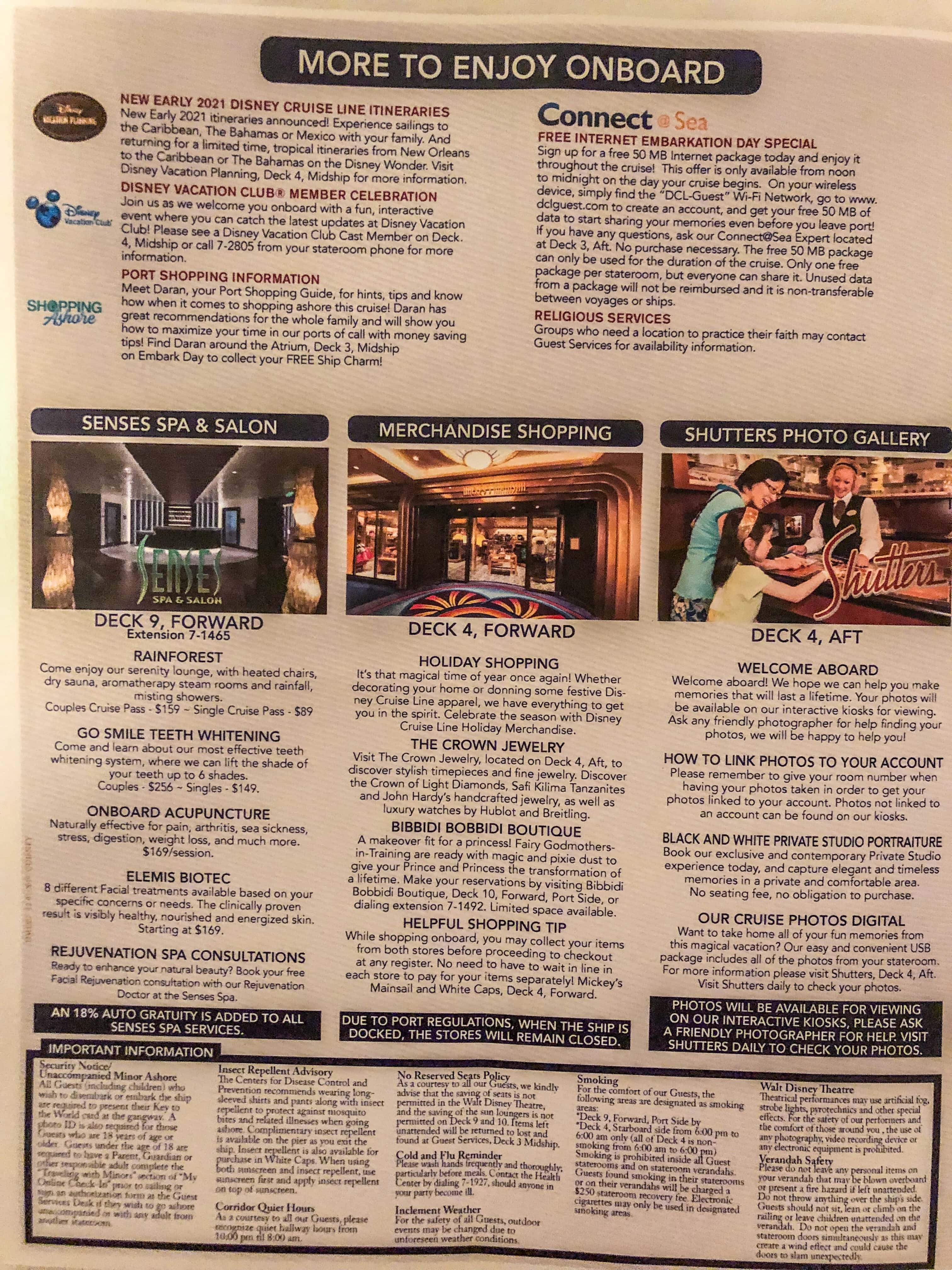 cruise information about shopping and salons