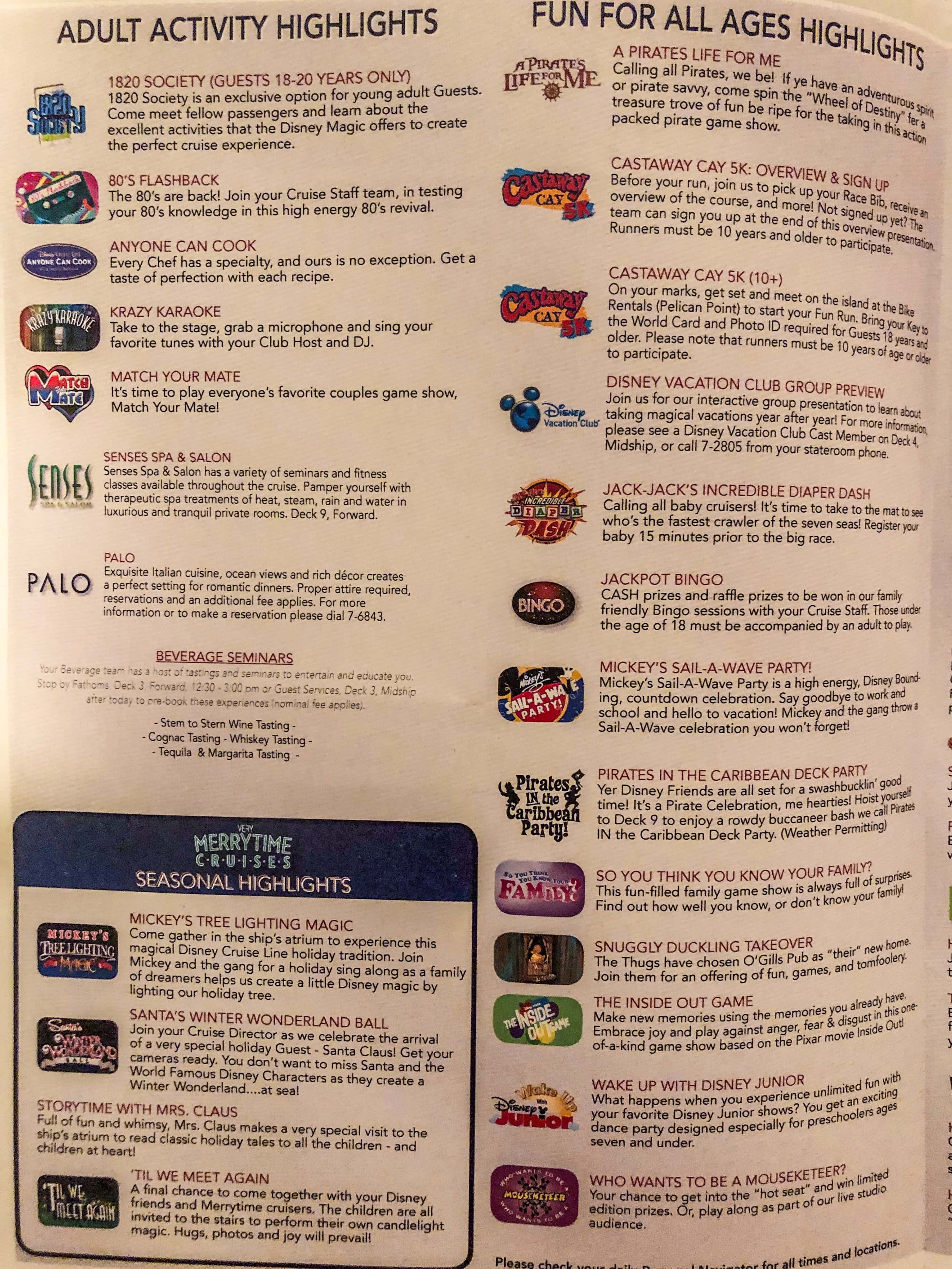 Disney Activity Highlights for the Cruise