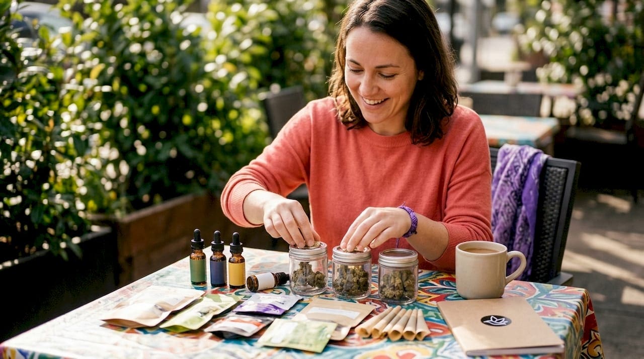 Hands sorting cannabis product assortment