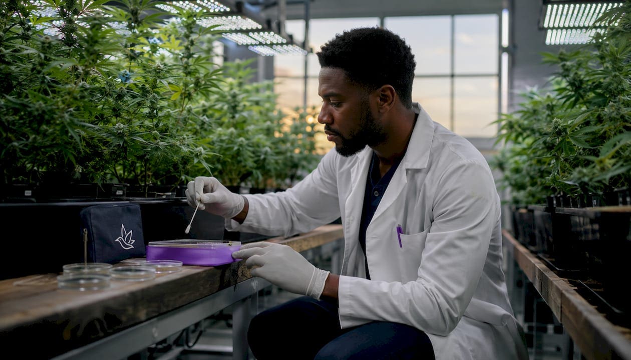 Technician collecting environmental sample in grow room