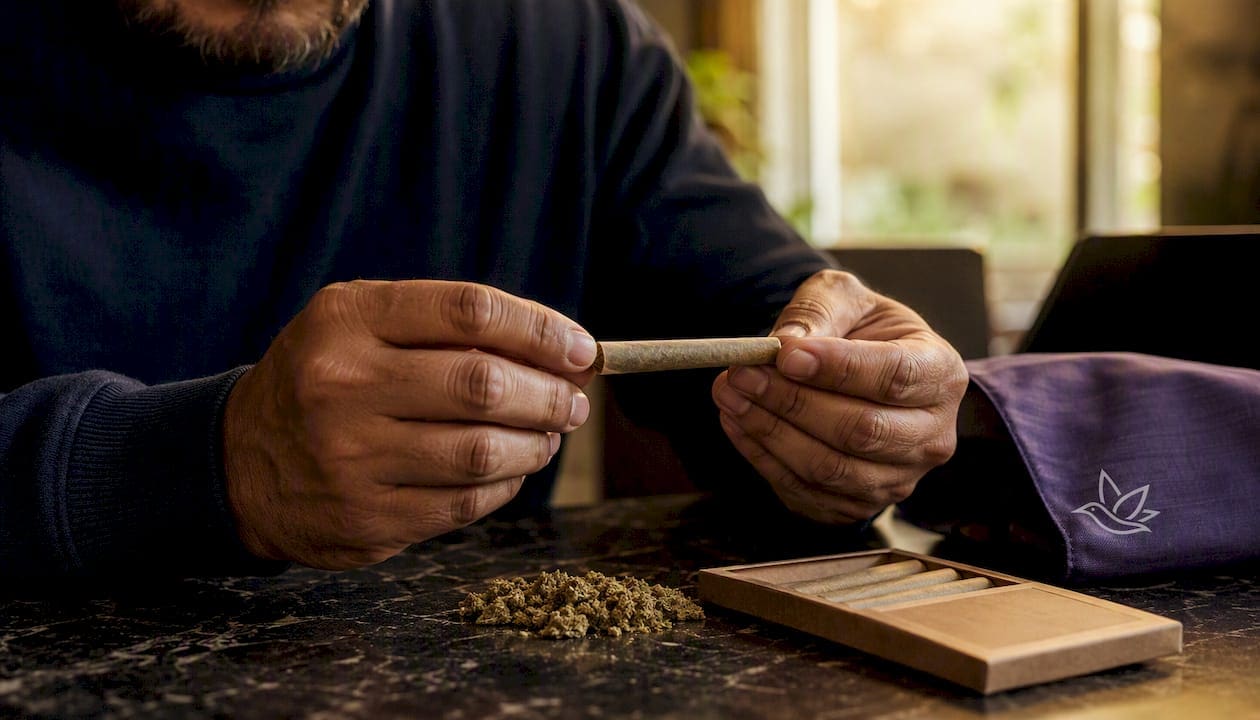 Hands holding hemp pre-rolled cannabis cone