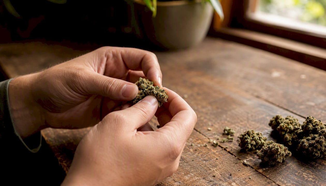 Hands checking moisture of dry cannabis bud