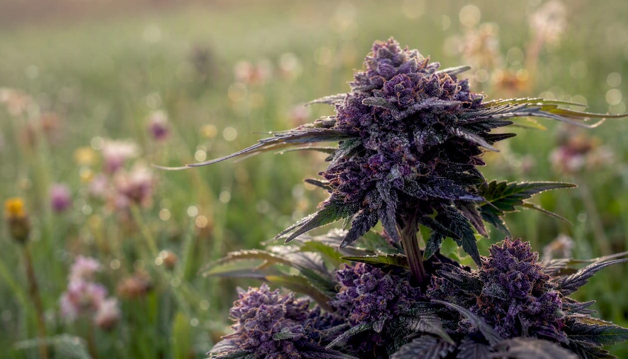 Close-up of resinous purple cannabis buds
