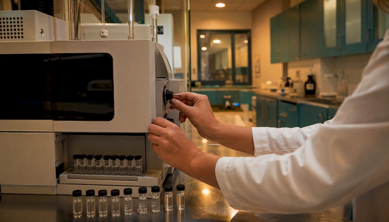 Hands operating cannabis potency testing instrument
