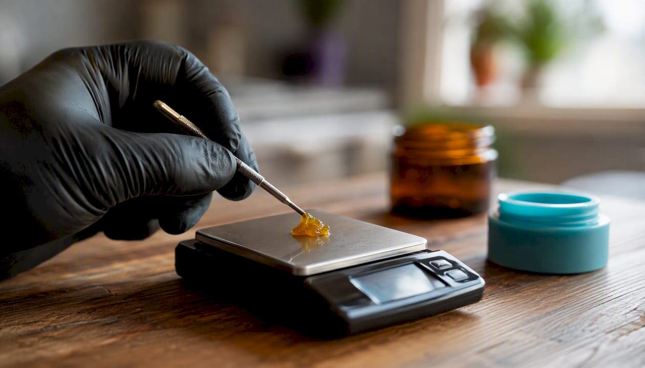 Close-up of concentrate being measured on scale