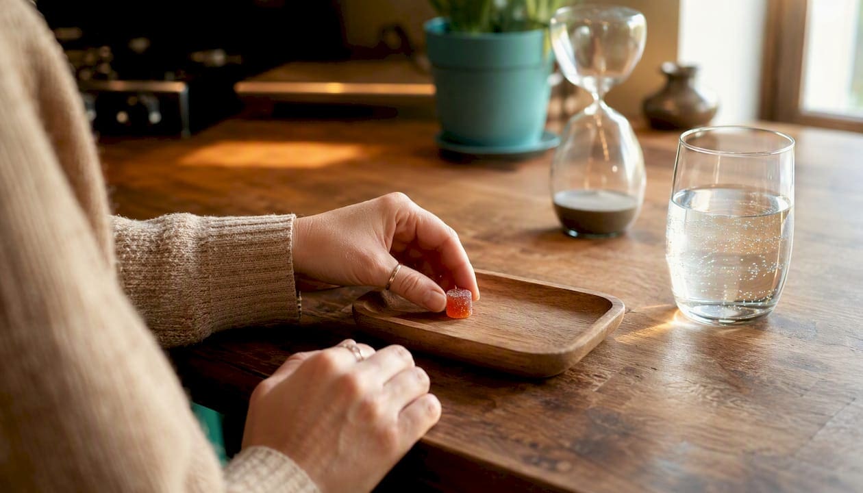 Person placing cannabis edible on plate with water