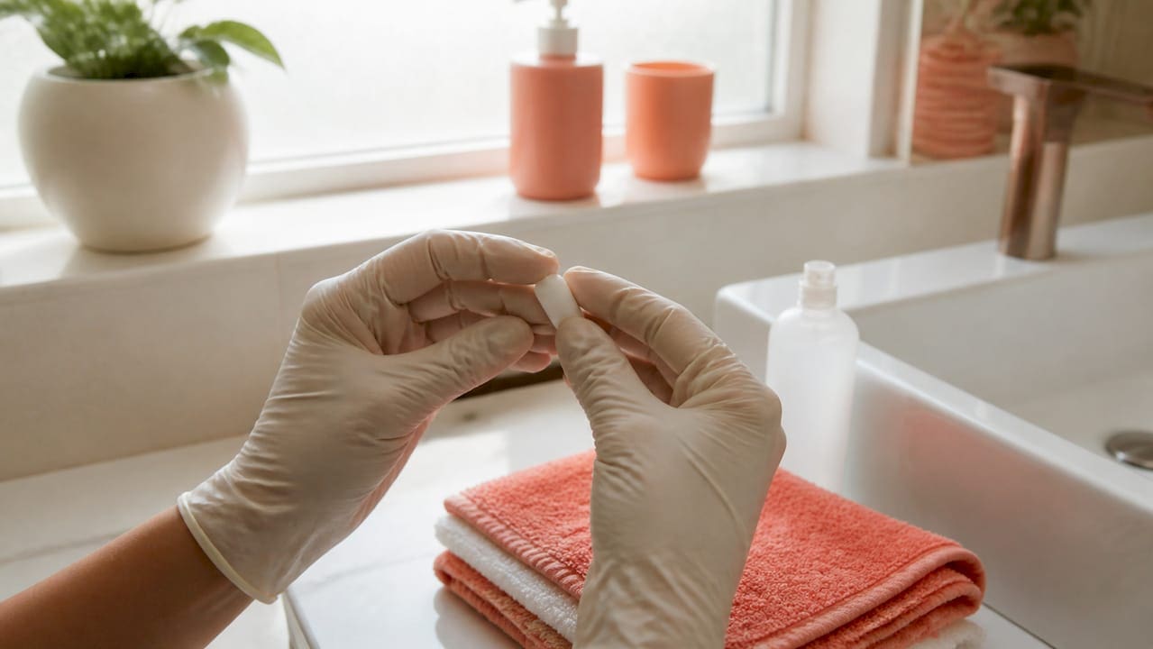 Hands inserting suppository with gloves and hygiene supplies