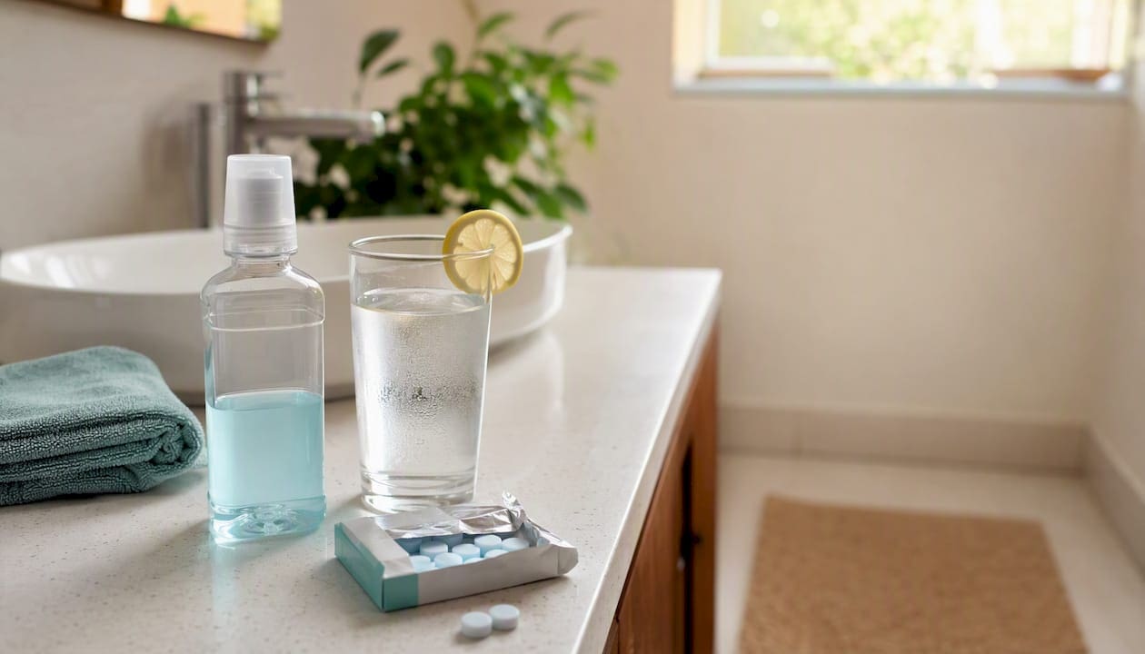 Mouthwash and xylitol lozenges on bathroom counter